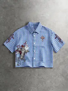 Unisex design. American retro street style, Gothic-inspired cross-stitch print checkered short-sleeved shirt. Y2K street style short top. Perfect for streetwear and Y2K fashion. Ideal gift for men and couples. Trendy clothing. High-end culture.
