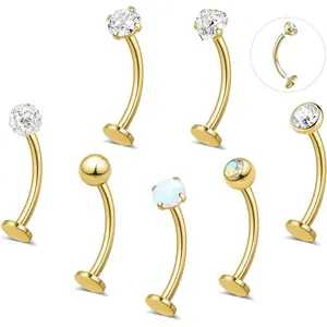 7 count Floating  Button Ring for Women  Surgical Stainless Steel  Rings Internally Threaded CZ Opal Long Bar Navel Barbell Flat   Piercing 8 10 12 14 16MM