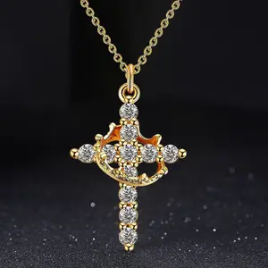 14K Gold Plated Crown Cross Necklace for Women - Dainty Diamond Zircon Pendant, Rotating Faith Jewelry, Perfect Gift for First Communion & Special Occasions