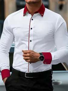 Men's Luxury Colorblock Business Shirt, Long Sleeve Iron-Free Slim Fit, Collar Lapel Formal Dress Shirt, Casual All Seasons