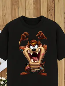Men's Plus Size Cartoon Taz Graphic Tee - Stylish Black Short Sleeve Shirt Featuring Aggressive Tasmanian Devil Design, Perfect for Casual Wear or Gifts