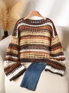 Plus Size Women's Hollow Out Striped Boat Neck Knit Top, Casual Pullover Tops, Casual Elegant Vacation Style, Loose Long Sleeve Sweater Knitwear, Spring Summer Fashion