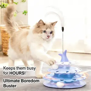 Interactive Cat Toy Tower of Tracks | 3-Level Roller Ball Teaser with Spring Feather | Indoor Cat Boredom Buster & Exercise Puzzle