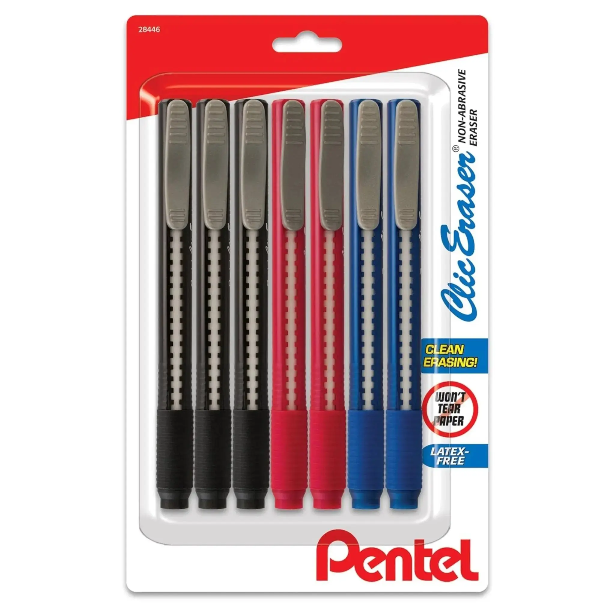 Pentel Clic Eraser Grip Retractable Eraser 7-pk, Latex-Free White, Advanced Retractable Design, Convenient Pocket Clip, Assorted Colors Office Barrels, Clean Erase, Precise Erasing, Prevents Scuffing Smearing and Tearing, Unisex Students Office Use