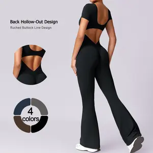 TimeOFF Women's Short-Sleeve Flared Jumpsuit , Back Hollow-Out, Buttock Ruched, Figure-Hugging , Breathable Stretchy , Gym, Street, Casual Fashion Womenswear Soft
