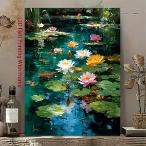 2D canvas painting, 2D canvas painting, 1-piece set, [2D canvas painting] framed, 12 X 16inch, Monet-style water lily canvas painting, Impressionist artwork, wall decoration - 827Hen037909