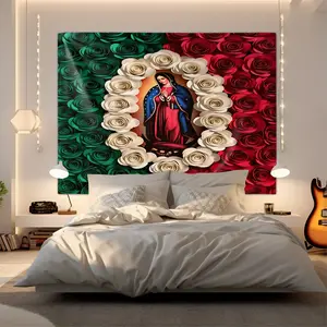 Our Lady of Guadalupe Tapestry, Flower Pattern Tapestry, Religious Art Wall Hanging Tapestries, Red Green Rose Print Tapestrys, Soft Lightweight Fabric, for Catholic Faith Bedroom, Prayer Room & Home Decor, Holiday Gift for Devotees