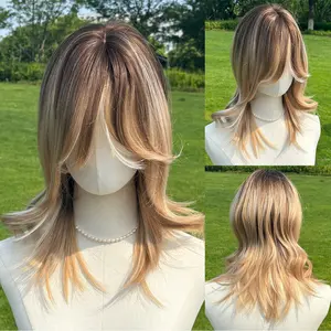 SMILCO/20Inch Ombre&Highlight Brown With Blonde Medium Curly With Bangs Synthetic Wig/SM468
