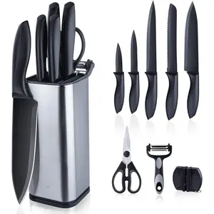 Knife Set with Block,10-Piece Kitchen Knives Stainless Steel,Pro-sharpened for Cooking,Slicing,Mincing,Dicing,Black