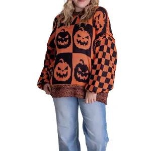 Women’s Halloween Sweaters – Long Sleeve Crew Neck Pullover with Pumpkin & Ghost Print, Casual Knitted Top