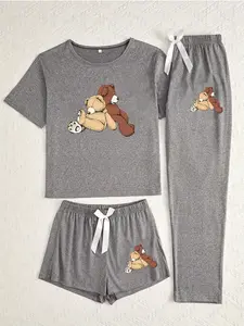 Women's 3-Piece Pajama Set, Outfit, Cute Bear Print Sleepwear, Casual Fitted Nightgown, All-Season Comfortable Loungewear, Pjs