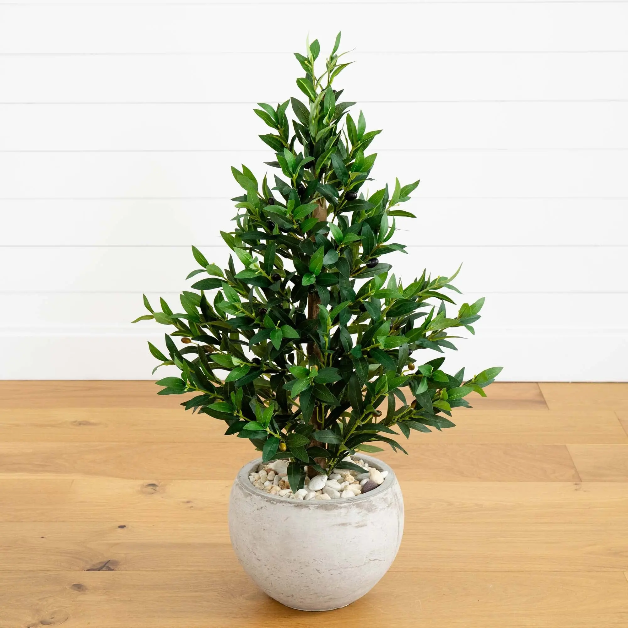 3ft Weather Resistant Single Artificial Olive Tree Decor - Tropical Tapered Cone Topiary in Sandstone Planter, Rustic Indoor/Outdoor Greenery for Room Decor Ornaments