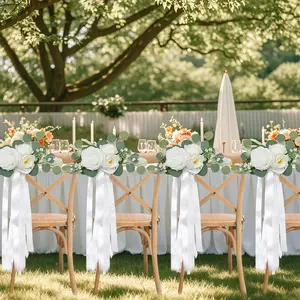 Wedding Aisle Decorations White Pew Flowers Set Of 10 For Wedding Ceremony Party Chair Decor With Artificial Flowers Eucalyptus And Ribbons