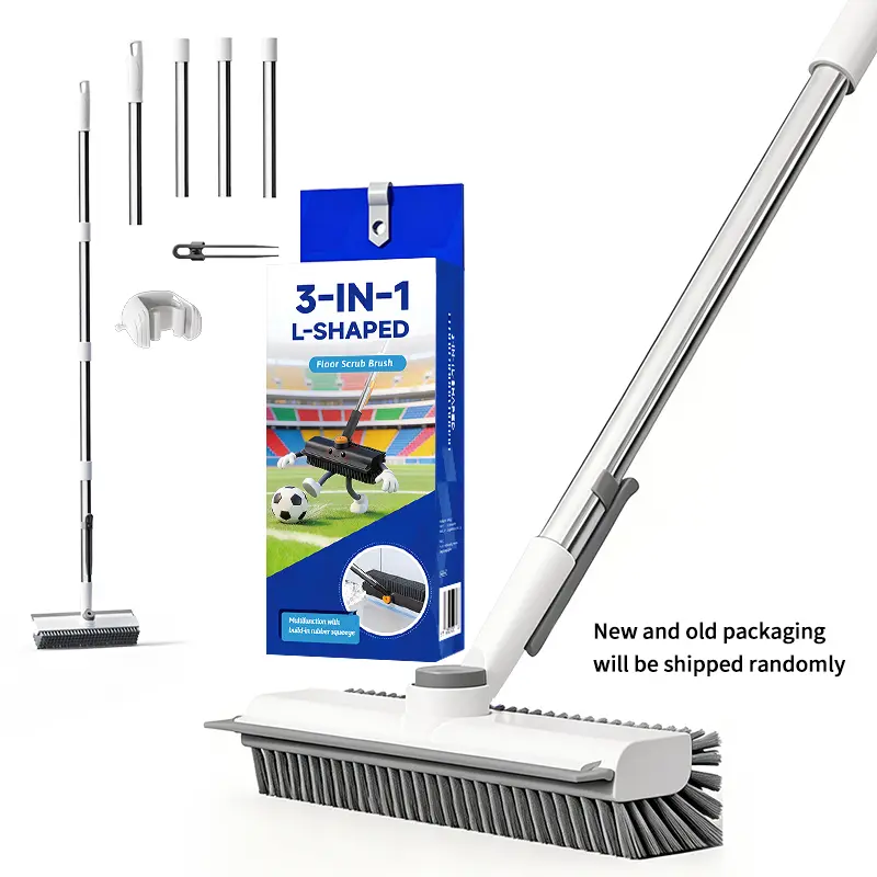 3-in-1 Heavy-Duty Floor Squeegee Broom Brush - Home Care Supplies with 54" Stainless Steel Telescoping Handle, Stiff Bristles, Rotating Head, Multi-Surface Durable Cleaner, Magic Eraser Mop Roll (Orange-Gray, White)