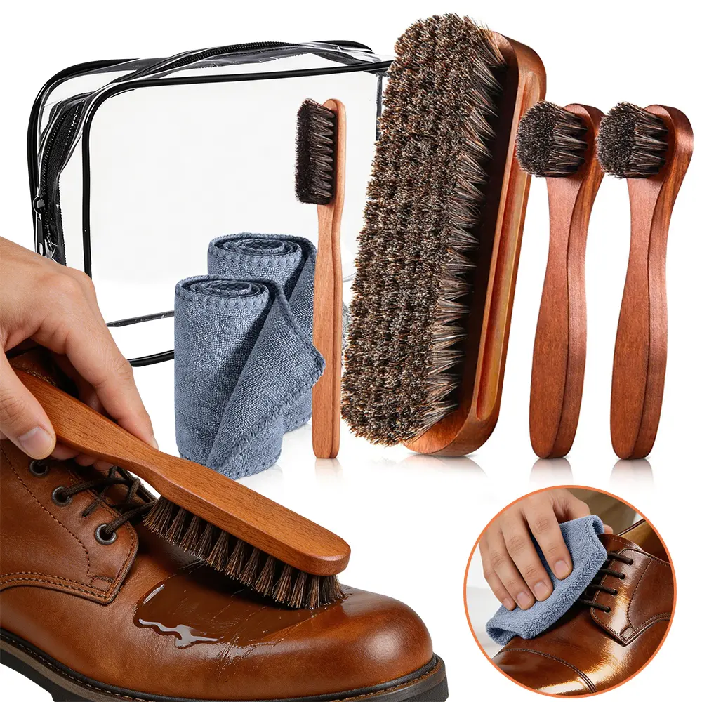 7-Pcs Horsehair Bristles Leather Care Brush Set with Storage Bag - Storage Organization, Shoe Cleaner, Gentle Effective Care, Home/Travel Versatile Tool for Shoe Maintenance, Sofa Cleaning
