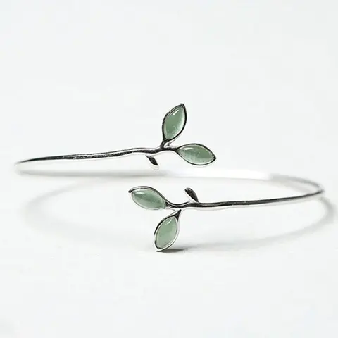 Simple and Fresh Green Cat Eye Stone Leaf Opening Adjustable Bracelet for Women, Cuff Bangle, Fashionable Temperament, Versatile Daily Use, Personalized Design, Bracelet Gift, Adjustable Bangles