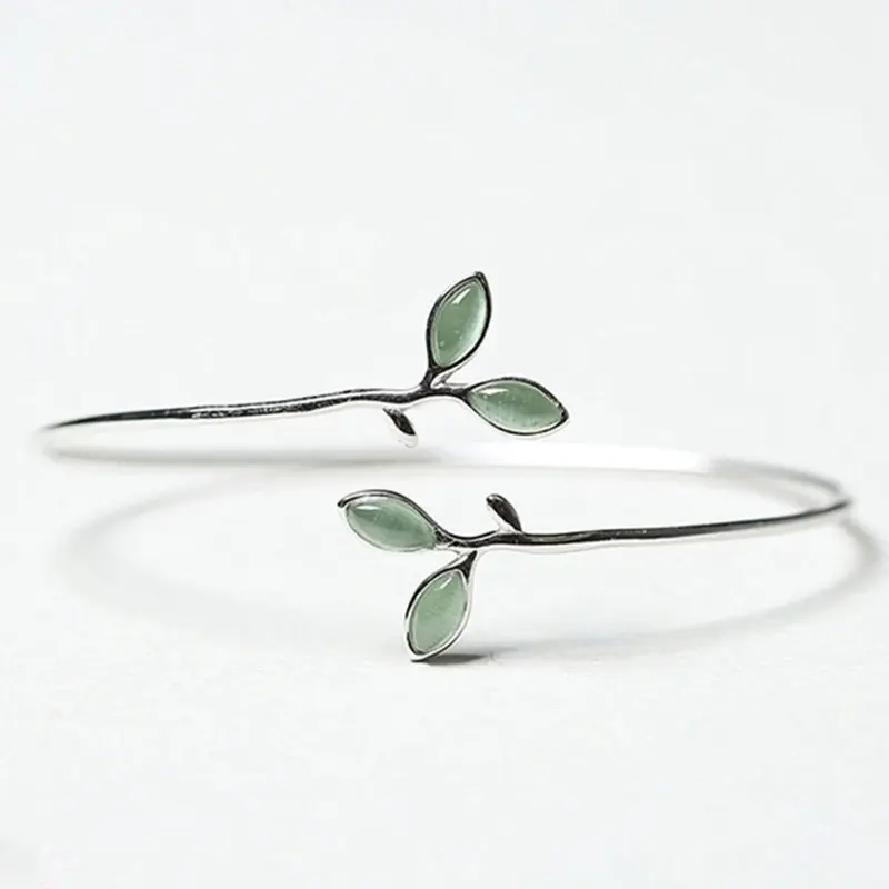 Simple and Fresh Green Cat Eye Stone Leaf Opening Adjustable Bracelet for Women, Cuff Bangle, Fashionable Temperament, Versatile Daily Use, Personalized Design, Bracelet Gift, Adjustable Bangles
