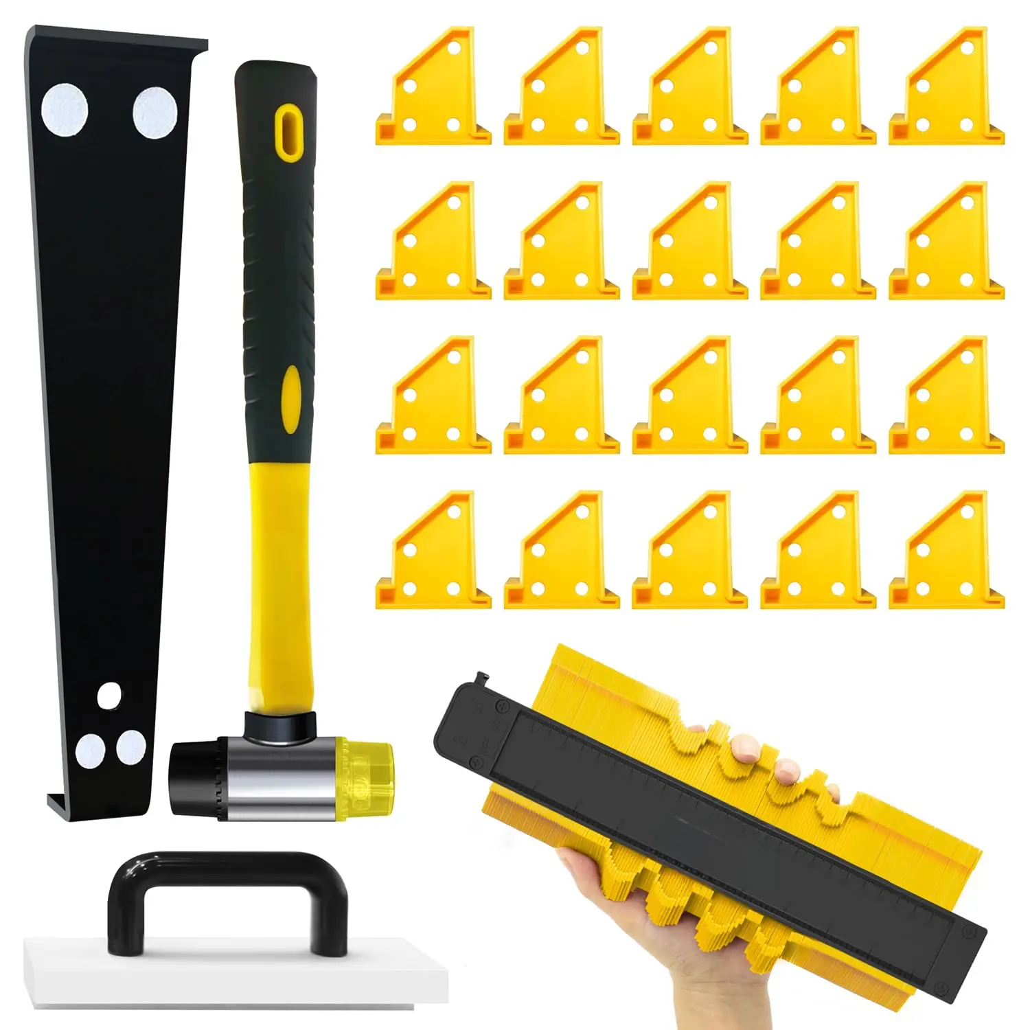 Sturdy Durable Professional Laminate & LVP Vinyl Flooring Installation Tool Kit - Tapping Block with Handle, 10" Contour Gauge, Heavy Pull Bar, 2-in-1 Spacers, Double-Faced Rubber Mallet, Works Close to Wall, Prevents Lock Installation Shifting, Avoid Hur