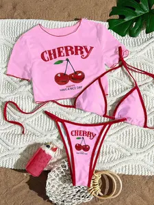 Swim Mod 3pcs Women Summer Beachwear Set: Cherry & Letter Graphic Spaghetti Strap Bikini Set With Sheer Mesh Chiffon Loose Cover Up T-Shirt Top