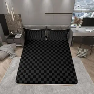Black and Gray Checkered Fitted Sheet Geometric Plaids Grids Simple Bed Sheet Set for Kids Teens Abstract Checkerboard Buffalo Squares Bed Cover for Bedroom(No Flat Sheet)