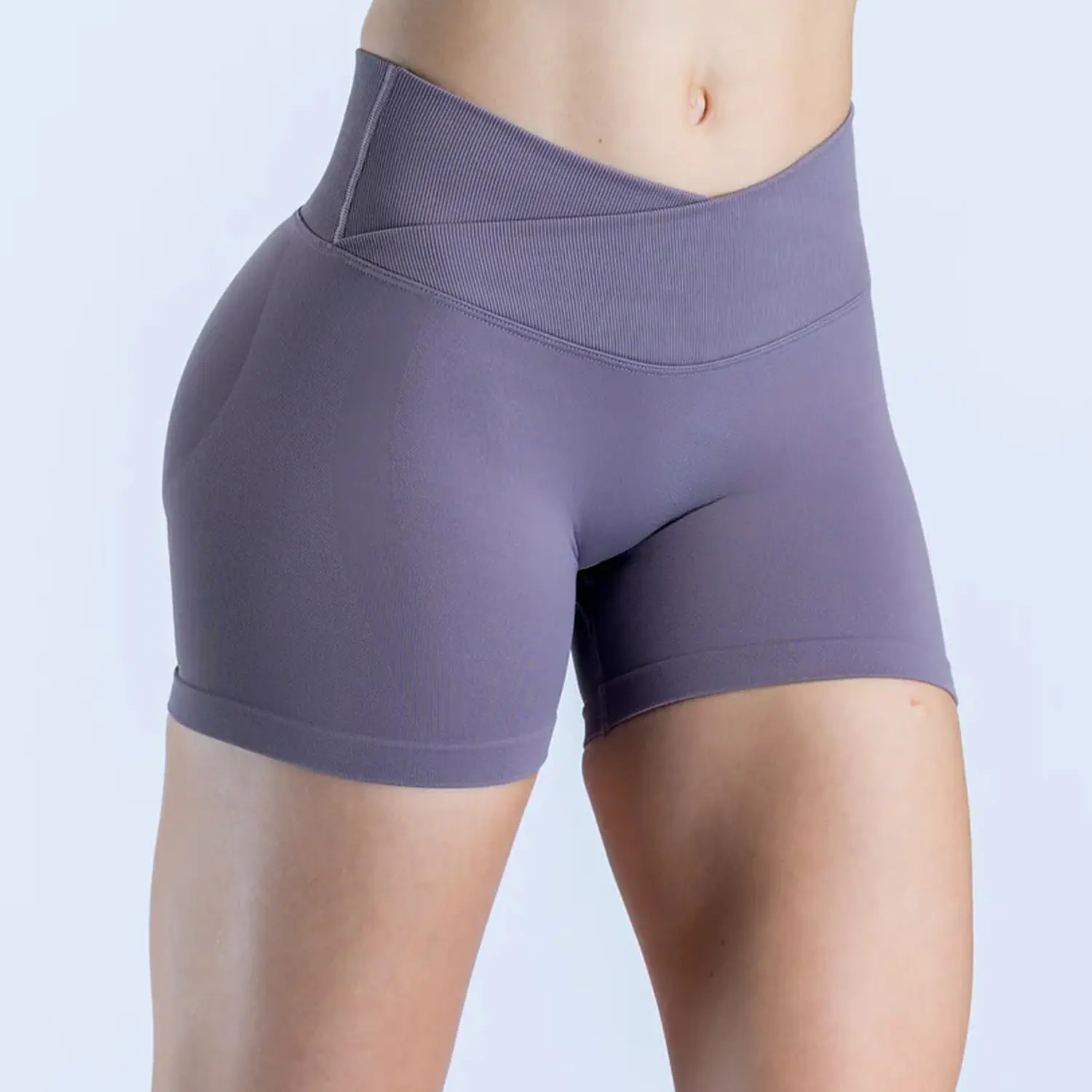 Women Cross V Ribbed High Waist Biker Shorts Tummy Control Butt Lifting 4-Way Stretch Seamless Workout Shorts for Gym Yoga Running Loungewear