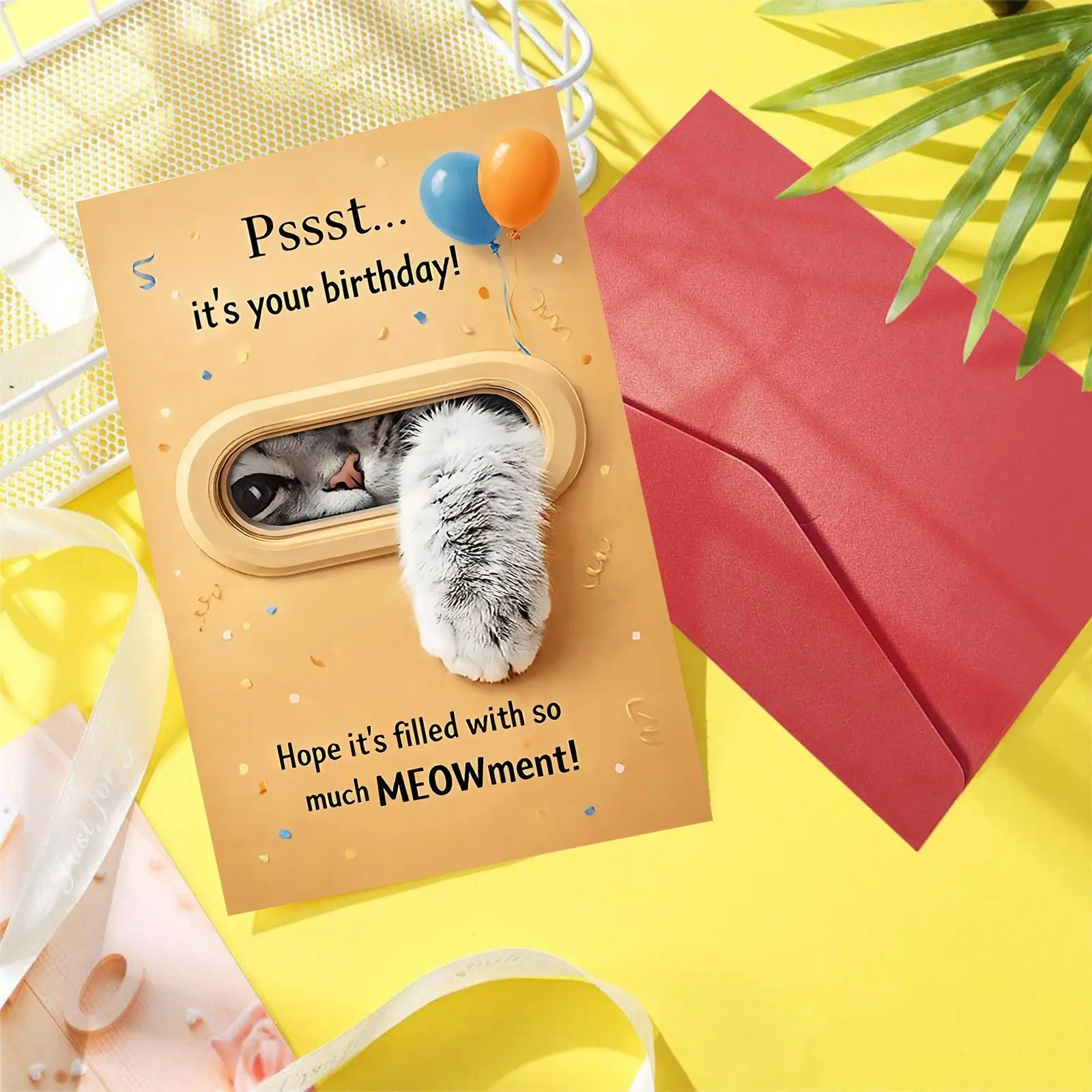 A Humorous Birthday Card Featuring a Cat Theme, Saying 'Pssst, It'S Your Birthday!' with a Cute Kitty Paw Design, Balloons, And Confetti, Perfect for Friends, Siblings, Spouses, Or Any Cat Enthusiast