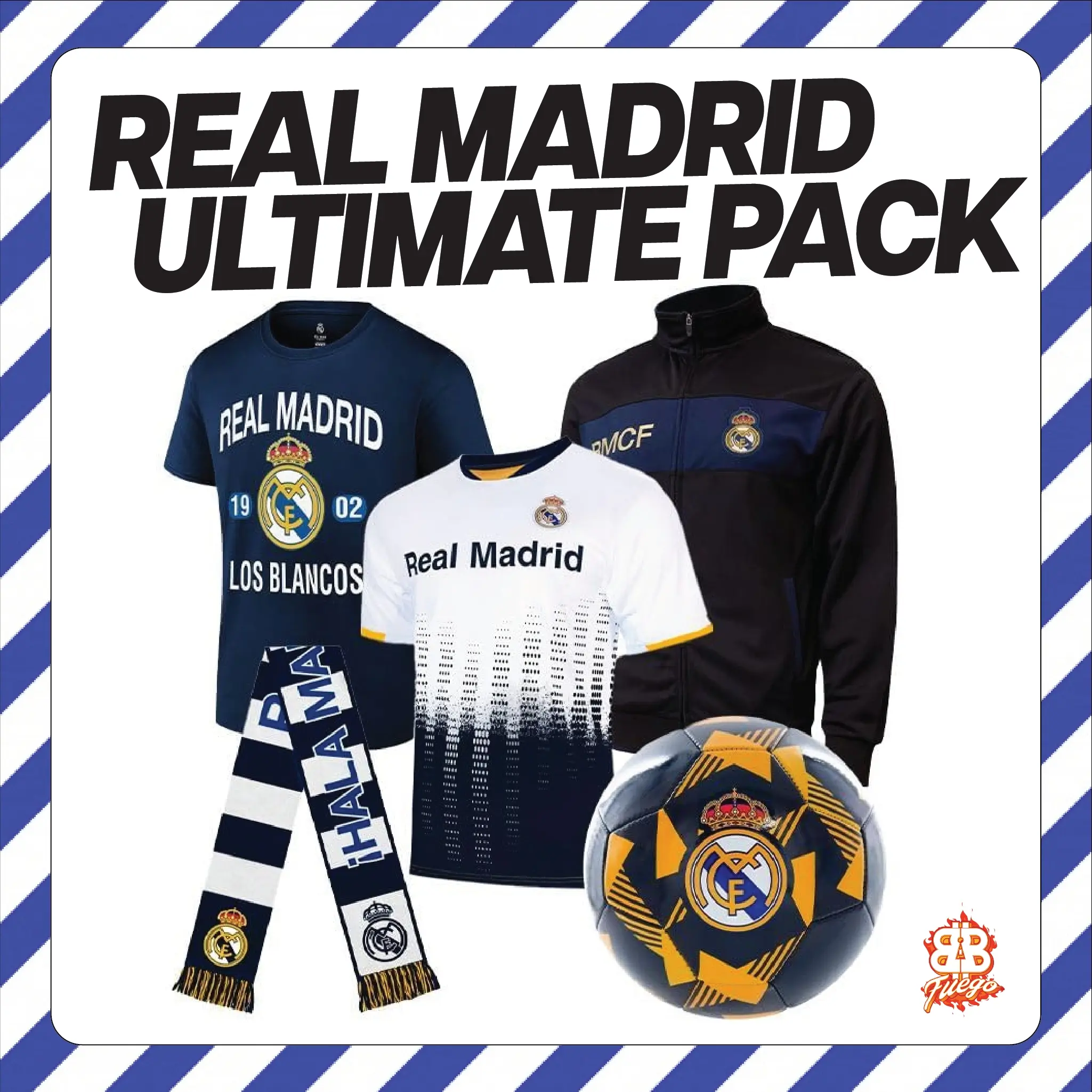 REAL MADRID Ultimate Fan Pack | 5-PC Los Blancos Bundle — Jacket + Jersey +Tee + Scarf + Ball | Hala Madrid! LV