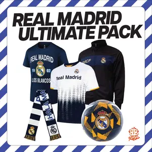 REAL MADRID Ultimate Fan Pack | 5-PC Los Blancos Bundle — Jacket, Jersey, Tee, Scarf + Ball | Hala Madrid! LV
