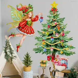 A set of three (30*90cm*3pcs) Christmas "Merry Christmas" hand-painted elf Christmas tree gift wall stickers, suitable for living room and bedroom decoration, holiday background atmosphere wall stickers (M11043-ZY)