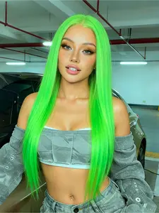 Neon Green Straight Lace Front Wig 28" Heat Resistant Synthetic Fiber 13x4 HD Transparent Lace Free Parting Pre Plucked Natural Hairline for Women Party & Cosplay Wear