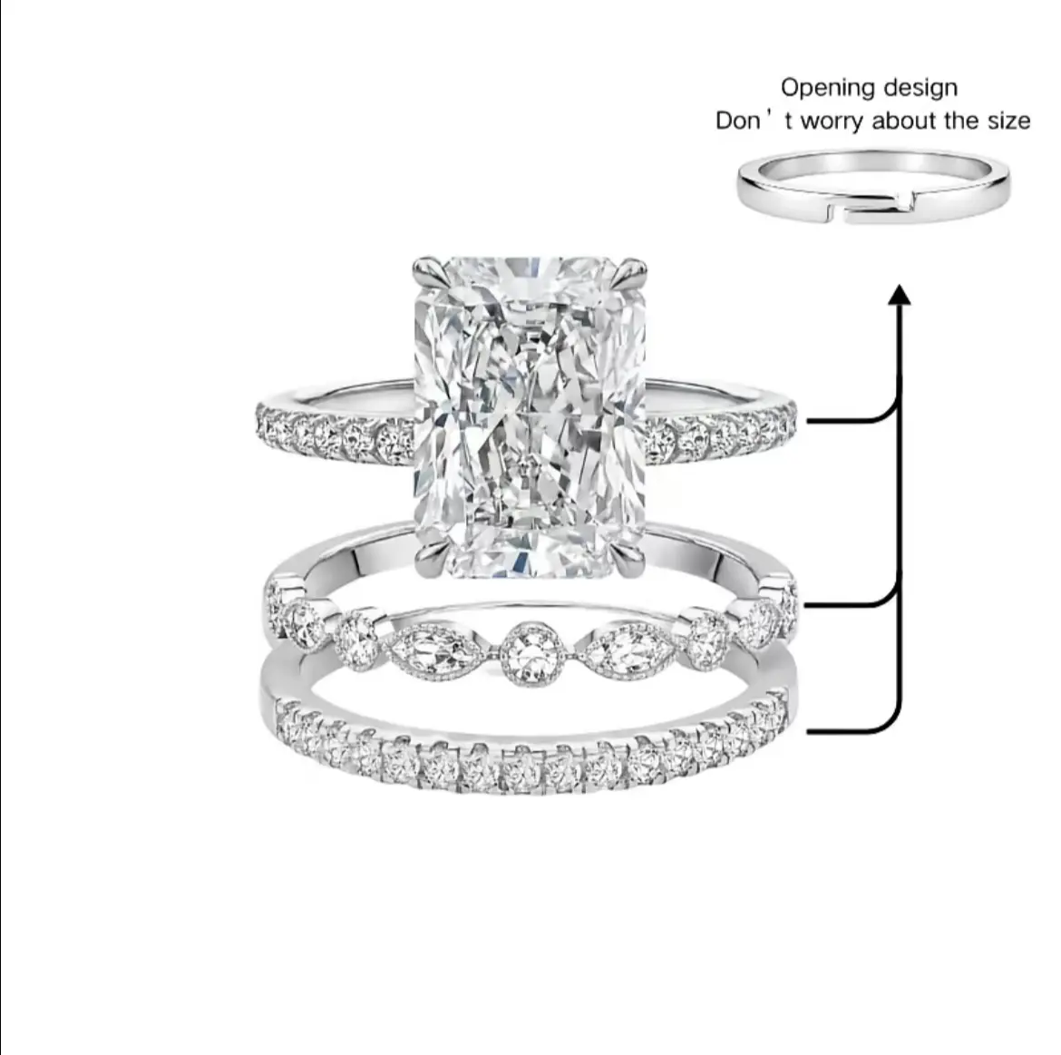 3-piece silver radiant cut wedding ring set for women, square cubic zirconia bridal rings, sparkling luxury engagement and promise rings, exquisite trendy jewelry ideal as gifts