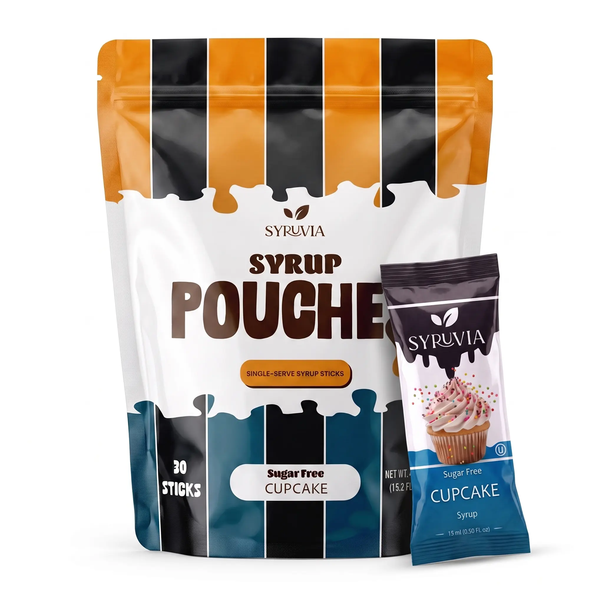 Syruvia Sugar Free Cupcake Syrup Pouches, Coffee Syrup Sticks for Coffee, Tea, Lattes & Desserts, 30 Count (15 mL Each)