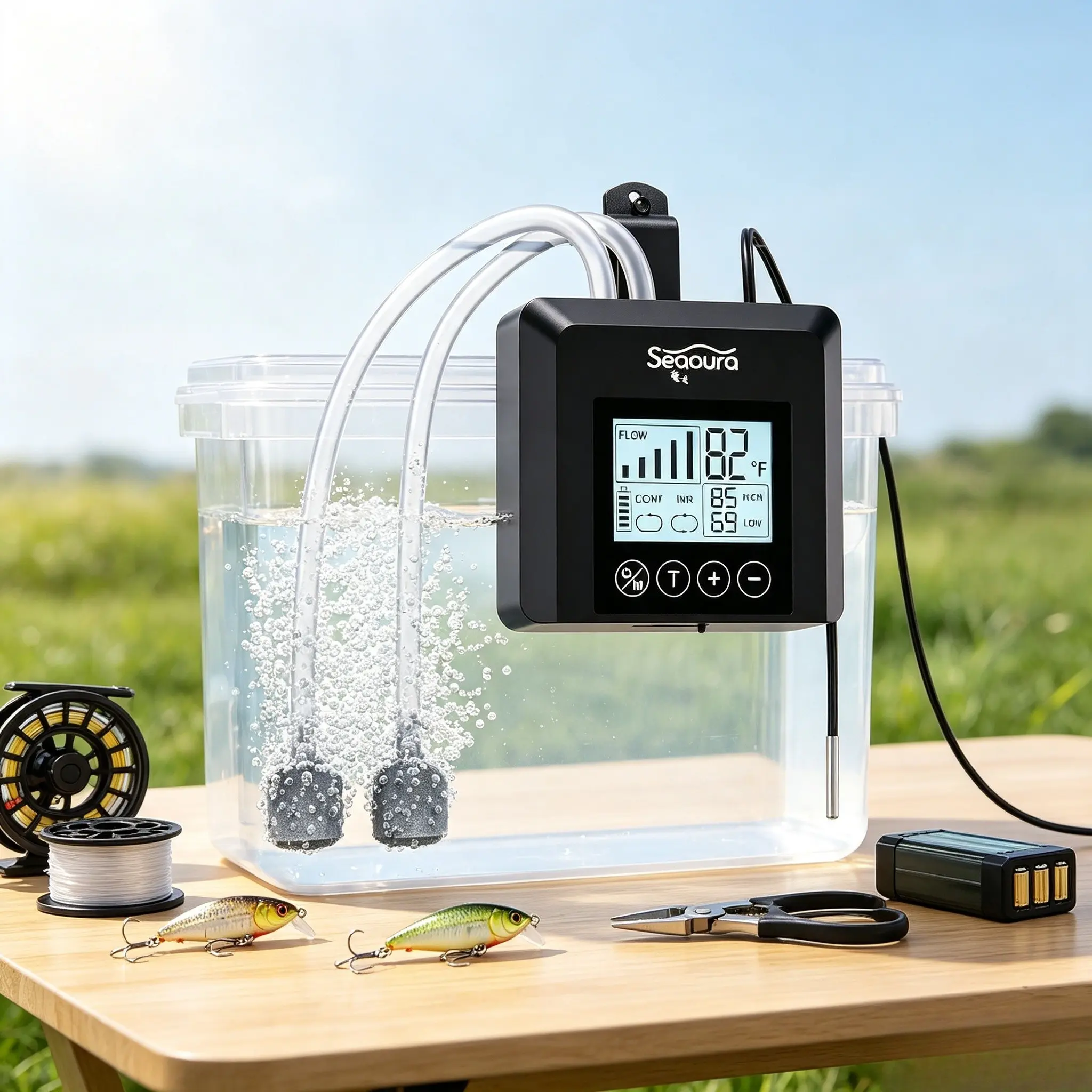Seaoura Dual Outlet USB-Rechargeable Lithium Battery Aquarium Air Pump - Quiet Operation, Adjustable Flow, Digital Temperature Readout, Portable Oxygen Boost for Freshwater Aquarium Small Tanks & Bait Bucket