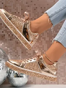 Women's Retro Sequin Casual Shoes, PU Leather Low Top Sneakers, All Season Comfortable Walking Shoes, Round Toe Tie-Up Design, Footwear, Casual Trainers