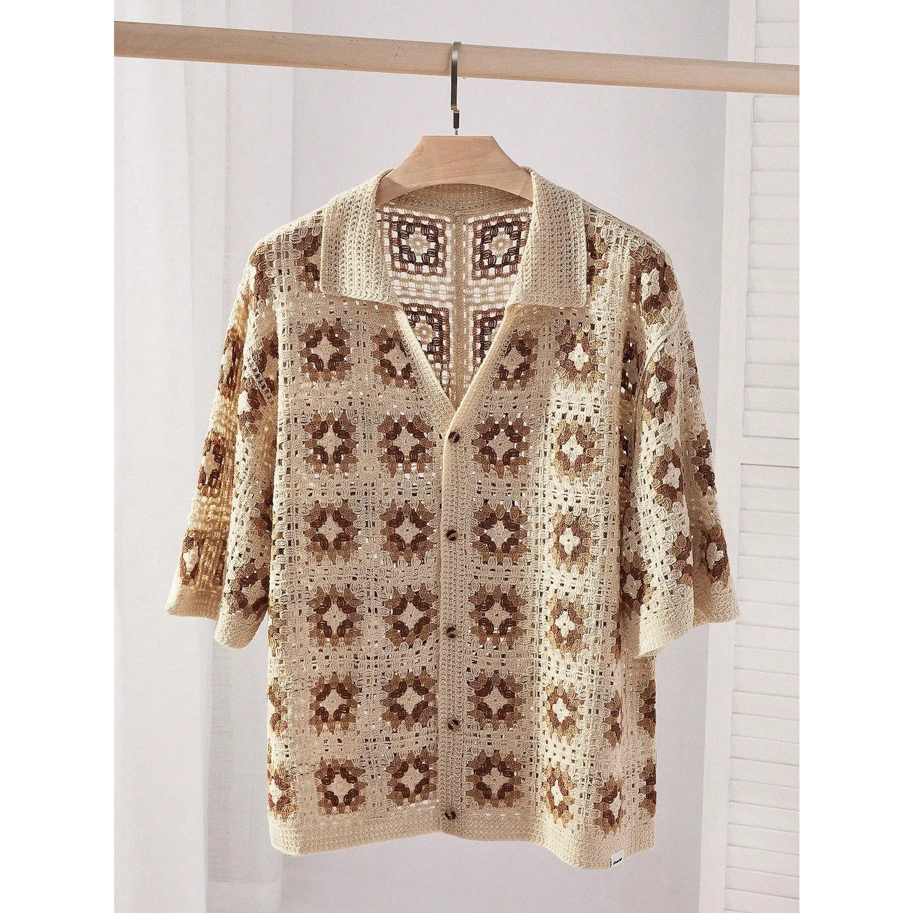 Men's Vintage Crochet Knit Button-Up Shirt with Contrast Trim, Relaxed Fit Short Sleeve Top for Casual Streetwear and Couple Looks, Cargo, Fabric