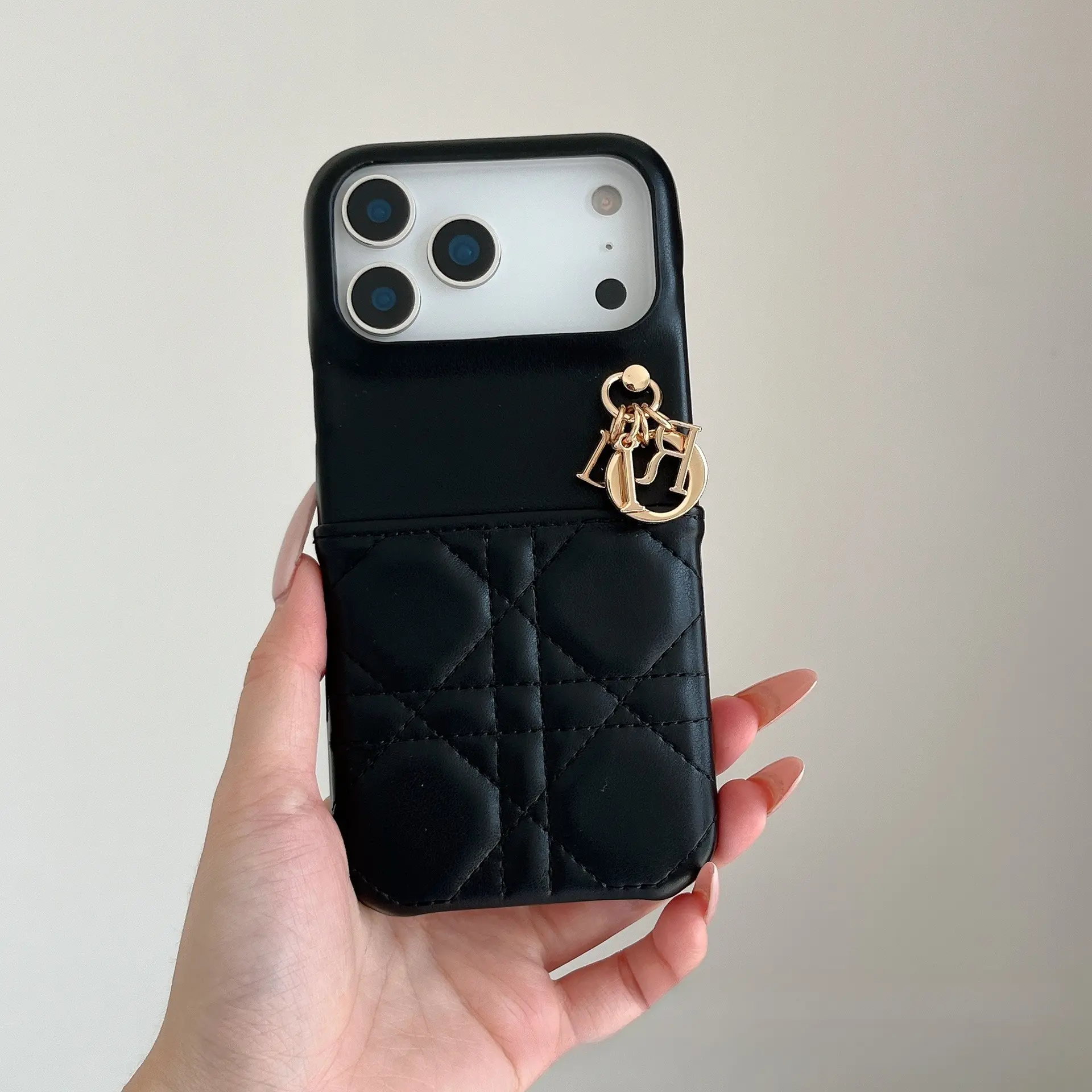 Fashionable pendant card holder case for iPhone 17 Pro Max, hard shell with card slot, solid color, fine stitching, trendy protective cover