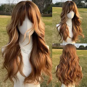SMILCO 26" Wavy Highlight Brown With Blonde Synthetic Wig, with Curtain Bangs, Glueless, Natural-Looking Scalp,Holiday Haul, Full Machine Cap, Adjustable Straps & Breathable Cap, Vibrant Color & Soft Texture SM412
