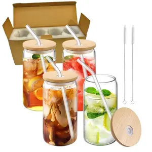 Glass Drink Jar with Bamboo Lid & Straw, 4 Counts/set Glass Drink Jar with Cleaning Brush, Drinkware for Home & Party, Drinking Glassware, Kitchenware Drinkware