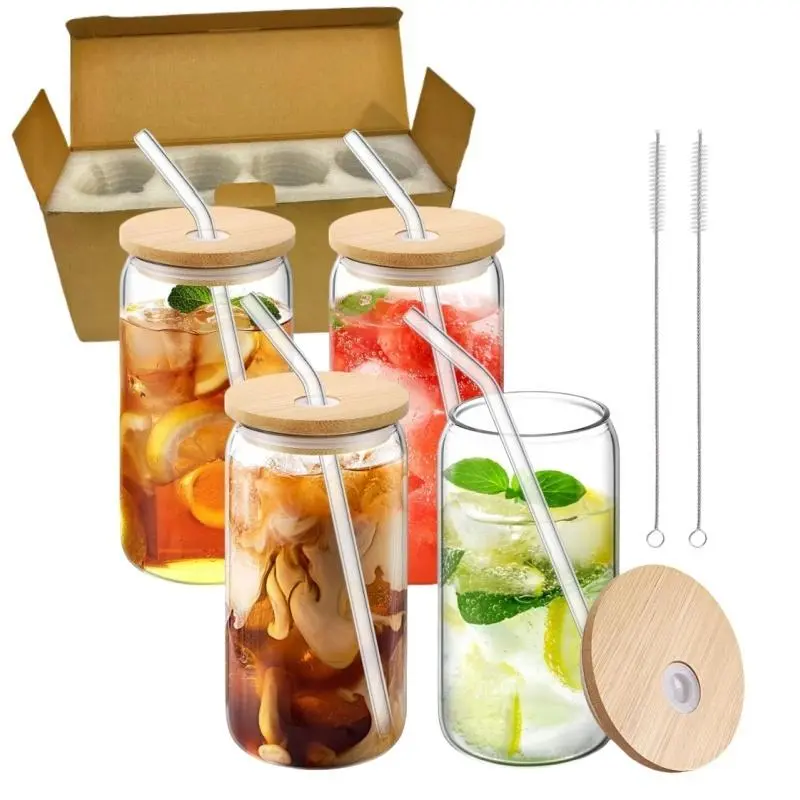 Glass Drink Jar with Bamboo Lid & Straw, 4 Counts/set Glass Drink Jar with Cleaning Brush, Drinkware for Home & Party, Drinking Glassware, Kitchenware Drinkware