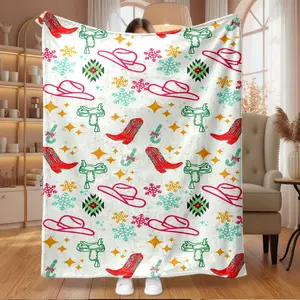 1pc Western Christmas Cowboy Boots Flannel Fleece Blanket, Super Soft Warm Cozy Throw for Sofa, Bed, Couch, Living Room Decor, Office Nap, Travel, Perfect Holiday Gift for Adults & Family, Flannel Blankets