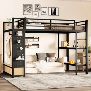 [Bellemave]Full /Queen/size Loft Bed Frame with Wardrobe,Metal Loft Bed with Storage Shelves and Pegboard,Black