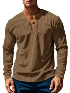 Men's Solid Color Four-button Corduroy Henley Shirt, Slim Casual Long Sleeve T-shirt for Spring & Fall, Fashion Men's Top for Daily Wear
