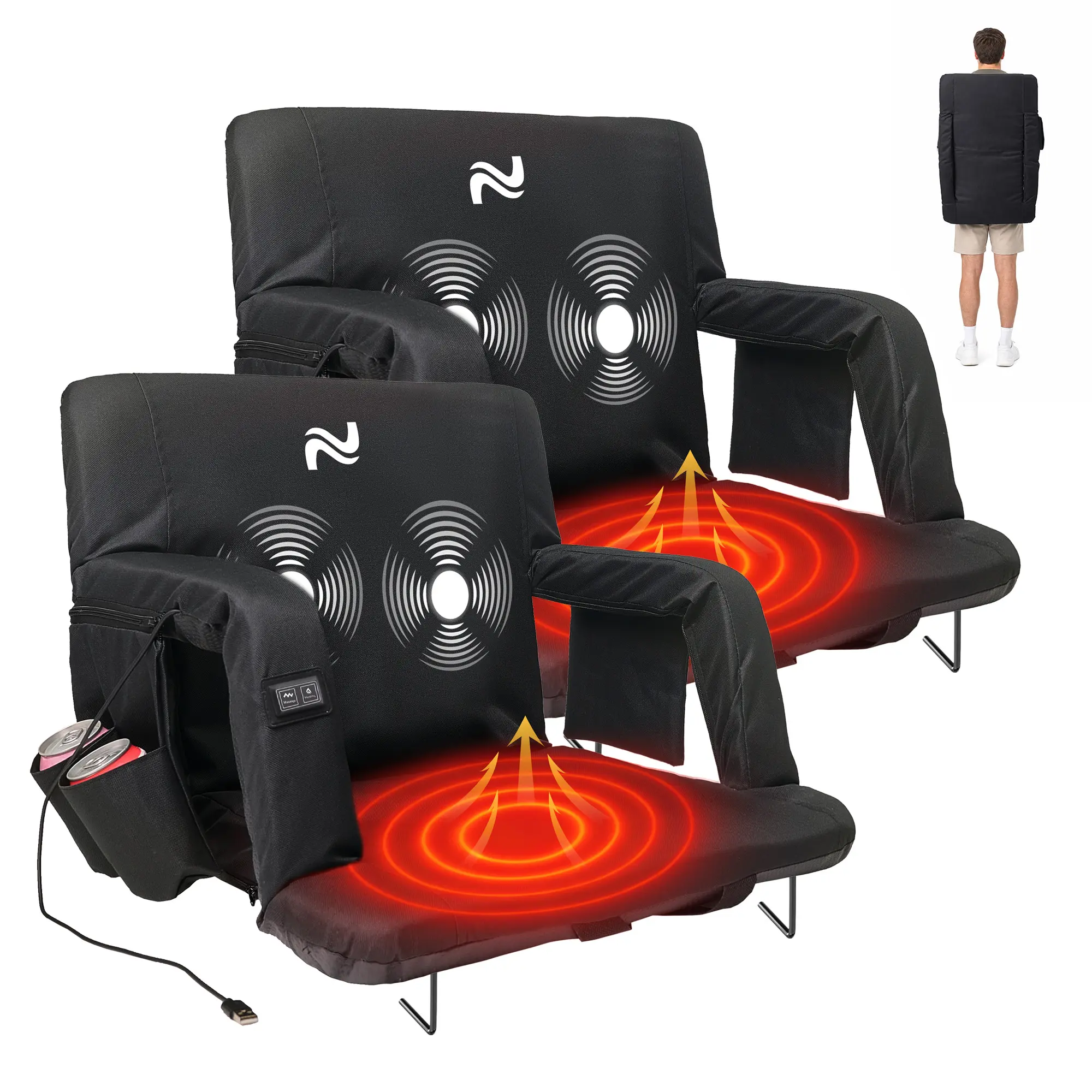 ABORON Unisex Adjustable Polyester Heated Massage Stadium Bleacher Seat - Back & Arm Support, Foldable Portable Chair, USB 3-Level Heat & Massage, 6 Reclining Positions for Football, Baseball Events, Sports