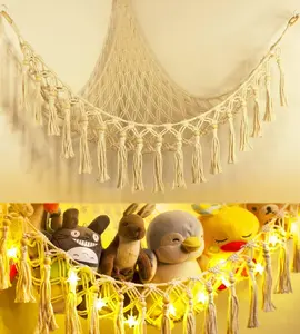 Macrame Jumbo Doll Corner Hammock with LED Light - Stuffed Animal Toy Storage Hammock for Kids, Decorations & Hangable Ornaments in Bedroom