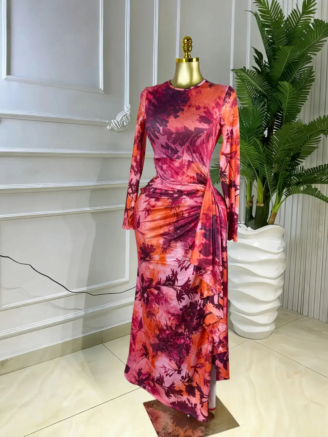 Women's Elegant Printed O-Neck Long Sleeve Ruffled Satin Belted Maxi Dress Beach