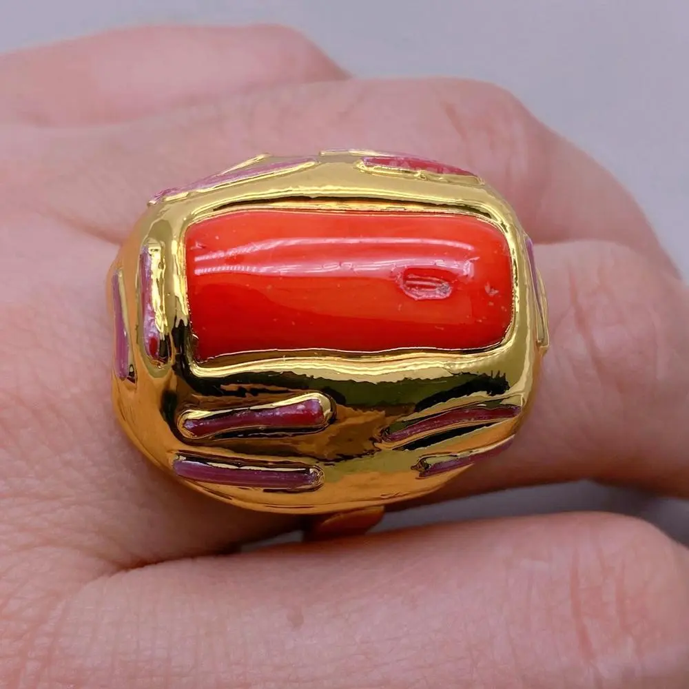 YYGEM 24x28mm Big Orange Coral Adjustable Rings Fashion Gold Plated Ring Anniversary Jewelry
