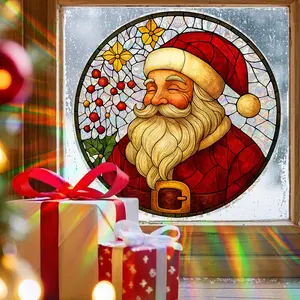 Colorful Glass Style Santa Static Cling Sticker, Sun Catcher Decal for Living Room Window Decoration, Christmas Home Decor Accessory