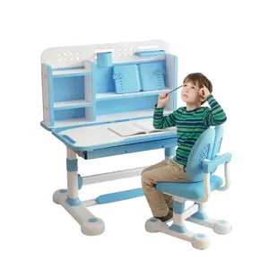 2Pcs/Set Kids Study Desk Chair Set, Height Adjustable Children School Study Table Chair Set with Sitting Corrector, Ergonomic Desk Chair with Book Stand, Foot Pedal, Partition Design (Pink, Blue) Cute