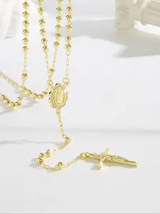 Fashionable Christian Rosary Necklace, Elegant Copper Plated 14k Gold Mary Pendant, Jesus Cross Religious Jewelry, Women's Gift