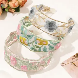 3Pcs Embroidered Flower Hair Band Set for Girls Ethnic Style Floral Fabric Wide Edge Non Slip Comfortable Headband Cute Photo Prop Gif